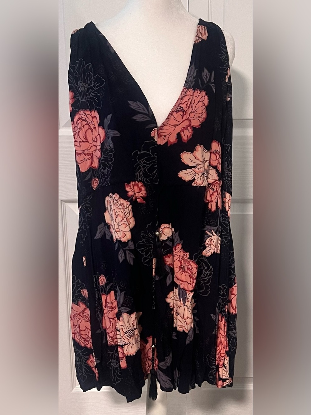 blue island Navy Floral Maxi Dress with Coral and Peach Blooms
